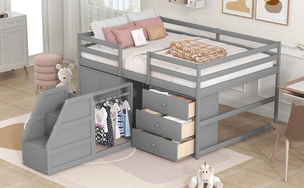 Full Size Functional Loft Bed with Cabinets and Drawers, Hanging Clothes at the back of the Staircase, Gray - Atlantic Fine Furniture Melbourne FL