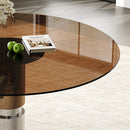 Round Glass Dining Table With Stainless Steel Legs And Chairs