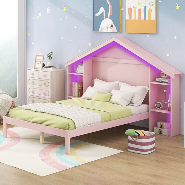 Wood Full Size Platform Bed With House Shaped Storage Headboard And Built-In LED , Pink