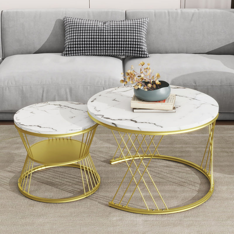 On Trend Nesting Coffee Table With Marble Grain Table Top, Golden Iron Frame Round Coffee Table, (Set of 2) For Living Room, Balcony, White