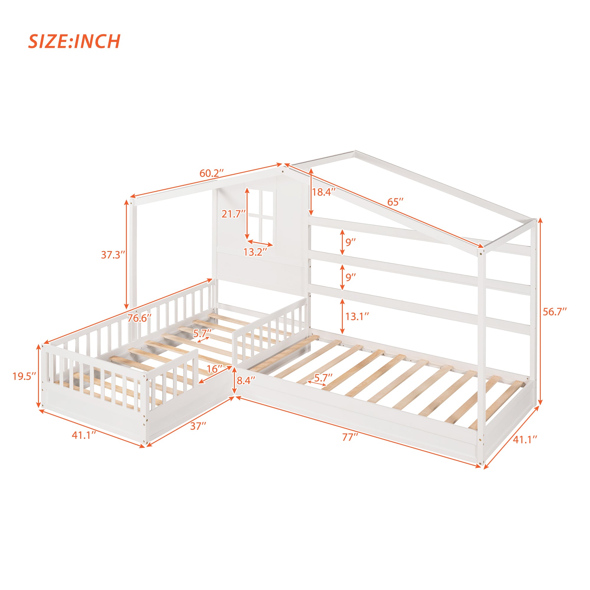 Wood House Bed Twin Size, 2 Twin Solid Bed L structure with fence and slatted frame (White) - Atlantic Fine Furniture Melbourne FL