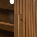 TV Stand With Vertical Slatted Doors And Sliding Panels, Solid Wood Legs - Brown