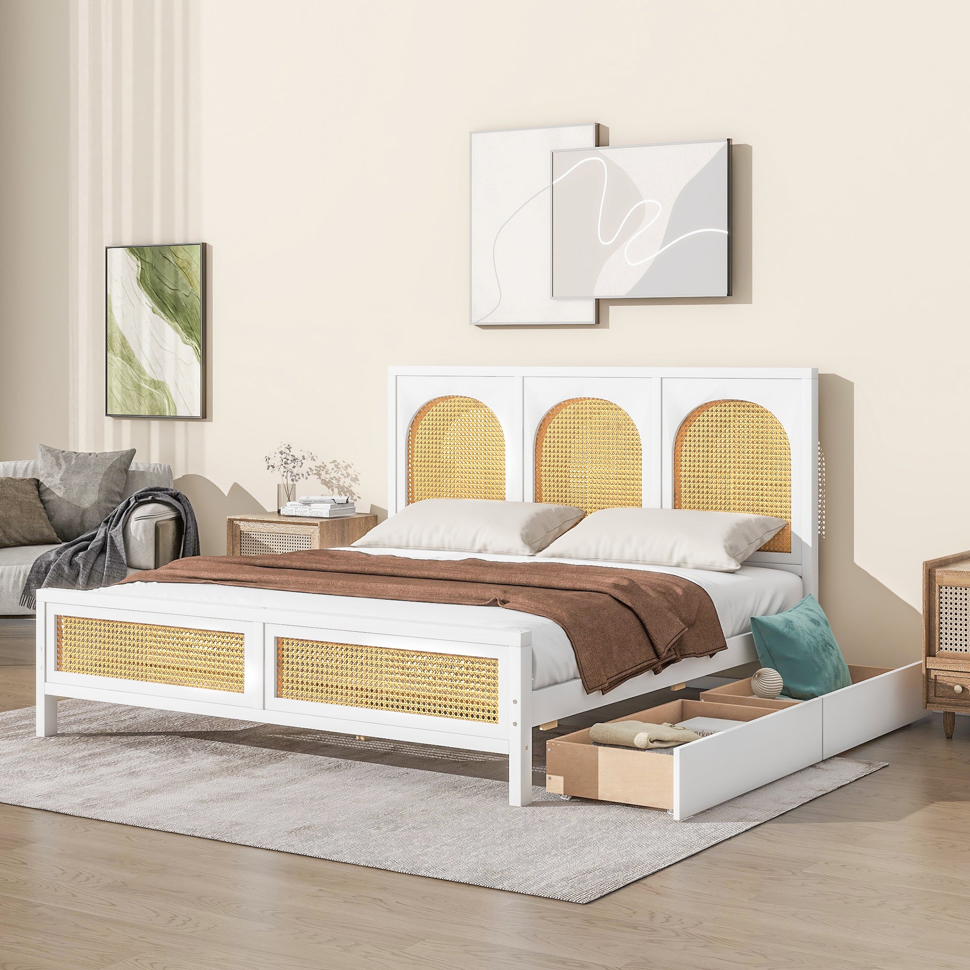Queen Size Wood Storage Platform Bed with 2 Drawers, Rattan Headboard and Footboard, White - Atlantic Fine Furniture Melbourne FL