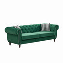 Mid Century Chesterfield Velvet Fabric Sofa With Roll Armrest & Nailhead, Green, 87 Inches