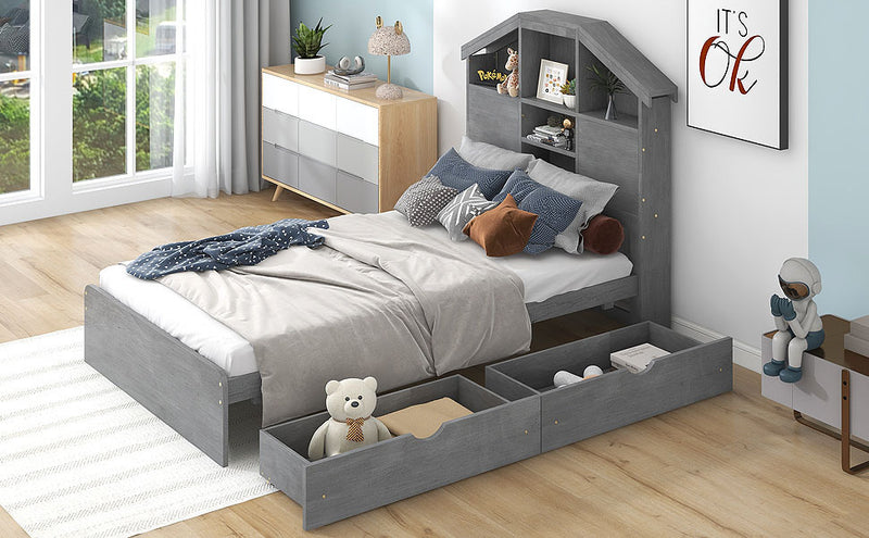 Twin Size Wood Platform Bed with House-shaped Storage Headboard and 2 Drawers, Gray