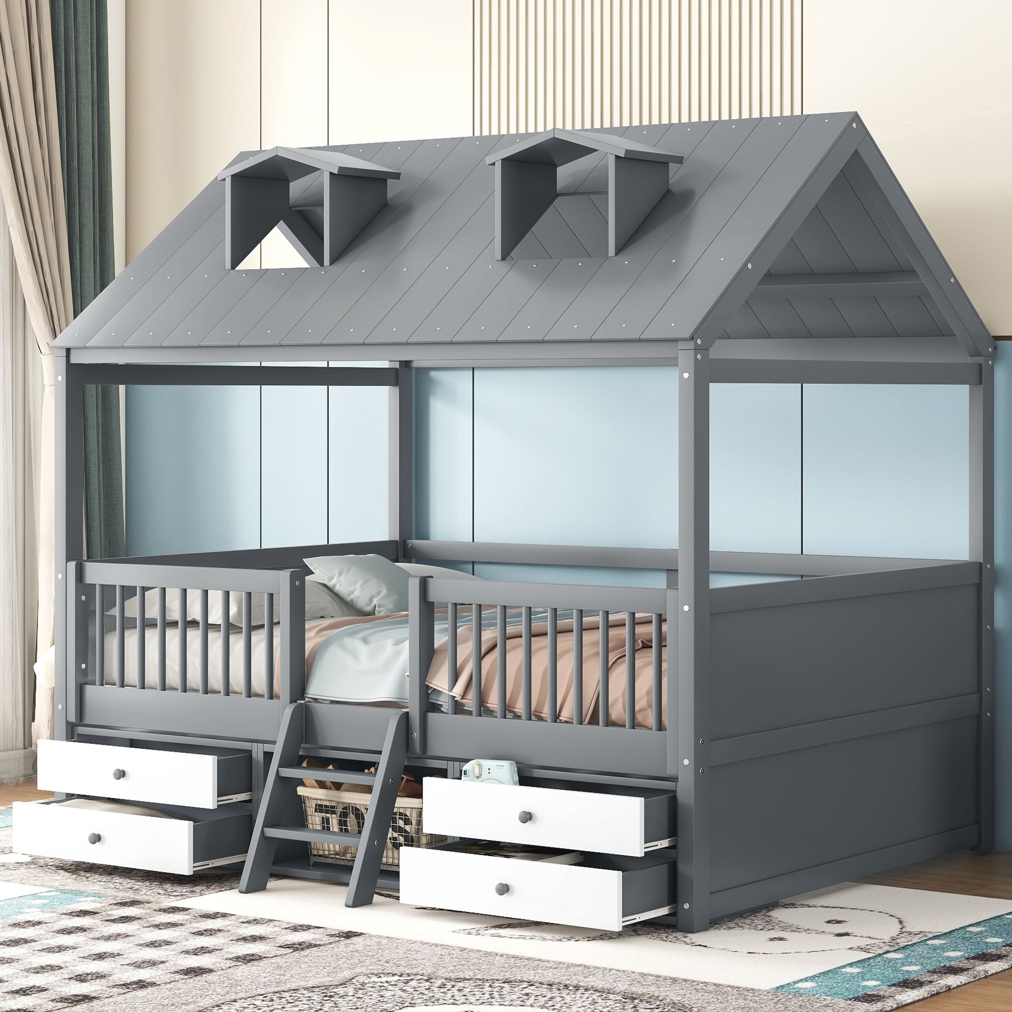 Full Size Wood Bed House Bed Frame,Gray - Atlantic Fine Furniture Melbourne FL