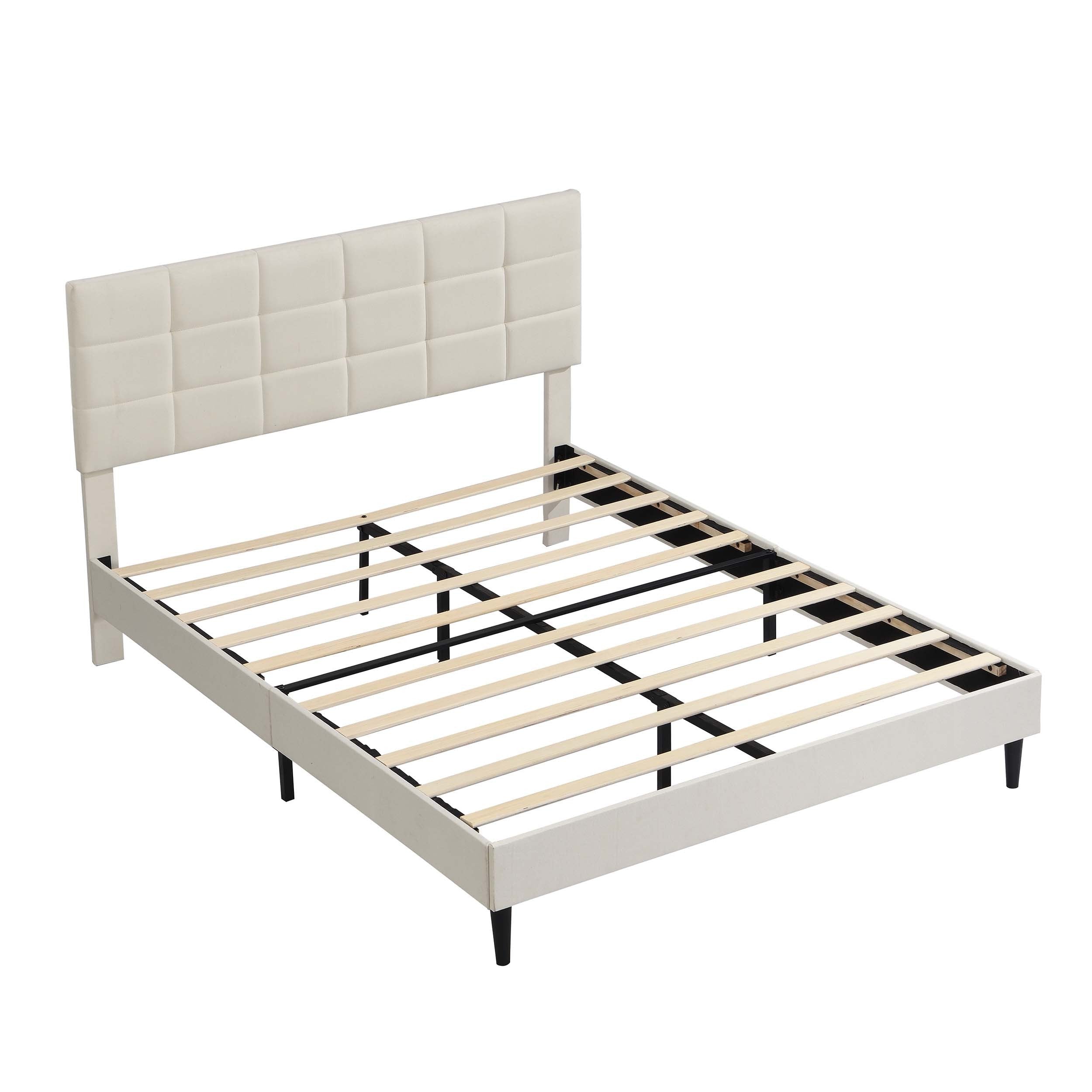Full Size Platform Bed Frame with Fabric Upholstered Headboard and Wooden Slats, No Box Spring Needed/Easy Assembly, Beige