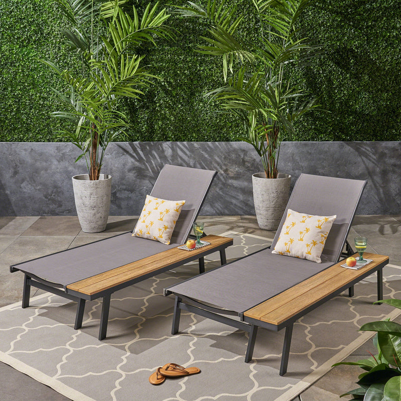Waterloo - Chaise Lounge With Attached Wood Side Table (Set of 2) Adjustable Eucalyptus Wood And - Gray / Black