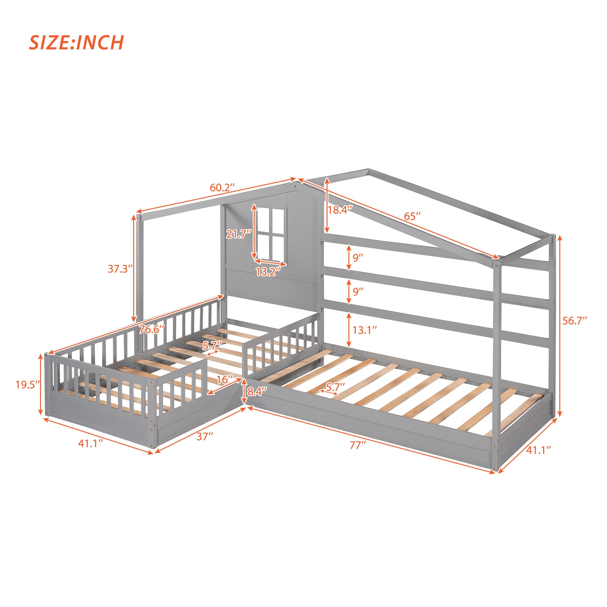 Wood House Bed Twin Size, 2 Twin Solid Bed L structure with fence and slatted frame (Gray) - Atlantic Fine Furniture Melbourne FL