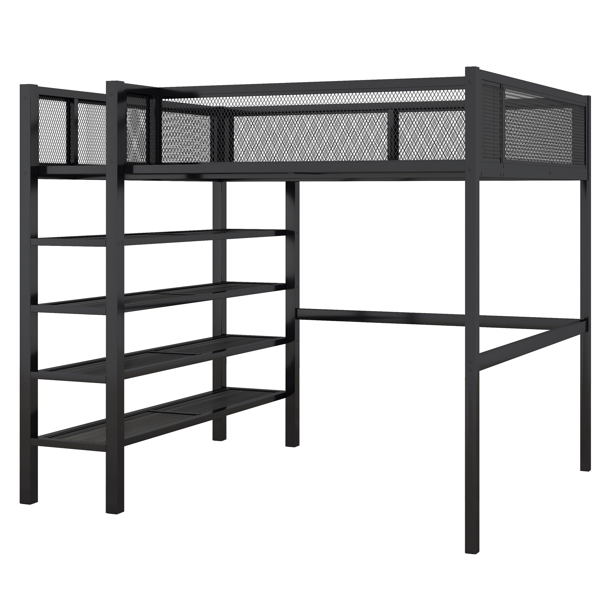 Full Size Metal Loft Bed with 4-Tier Shelves and Storage, Black - Atlantic Fine Furniture Melbourne FL