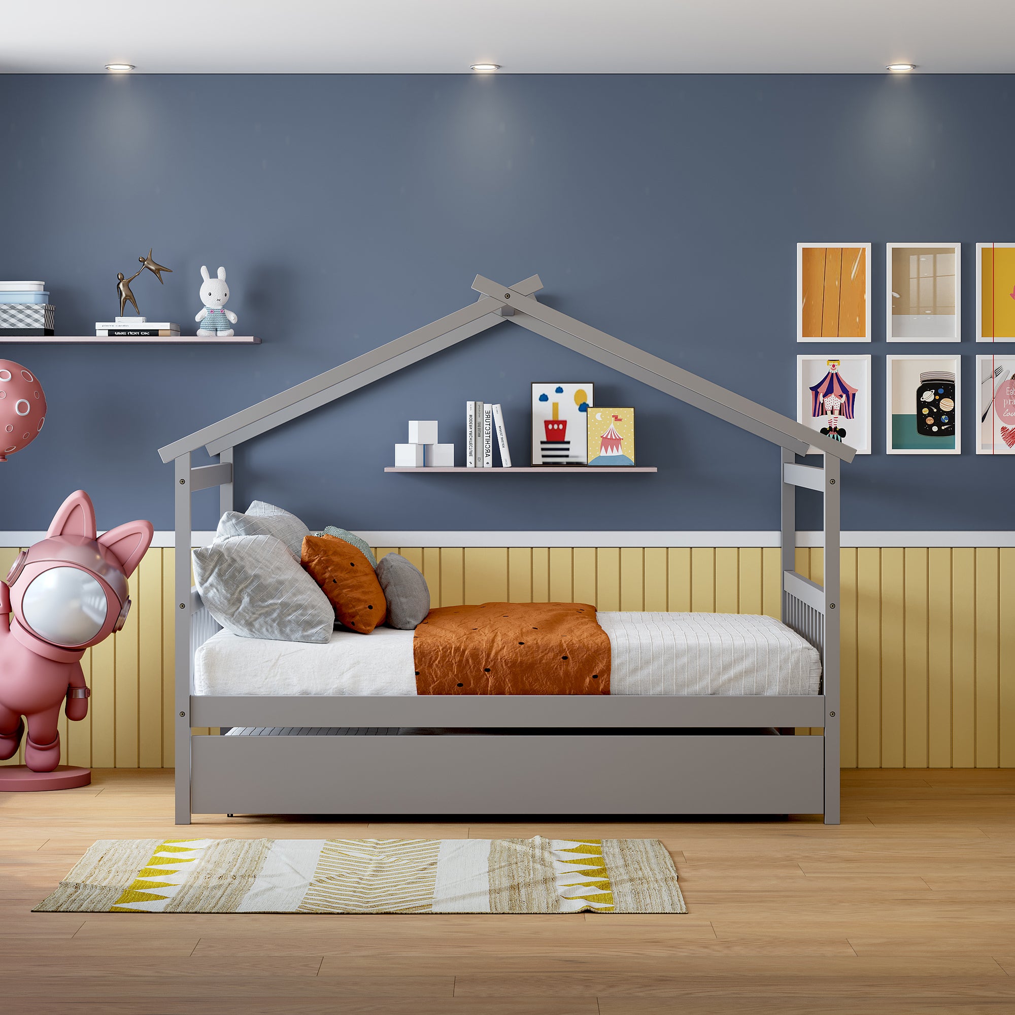 Full Size Wooden House Bed with Twin Size Trundle, Gray - Atlantic Fine Furniture Melbourne FL