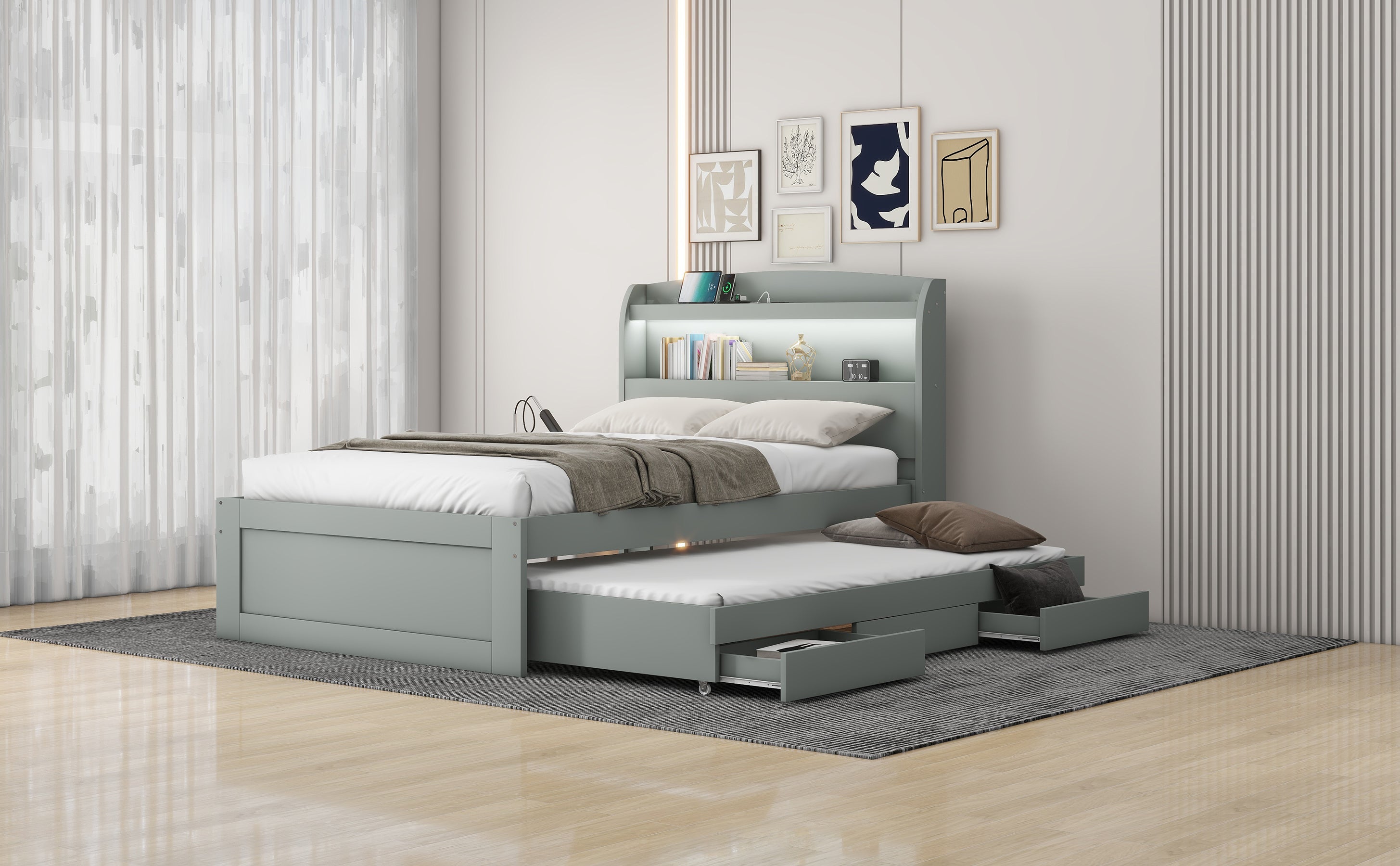 Twin XL Size Platform Bed with Storage LED Headboard, Charging Station, Twin Size Trundle and 2 Drawers, Gray - Atlantic Fine Furniture Melbourne FL