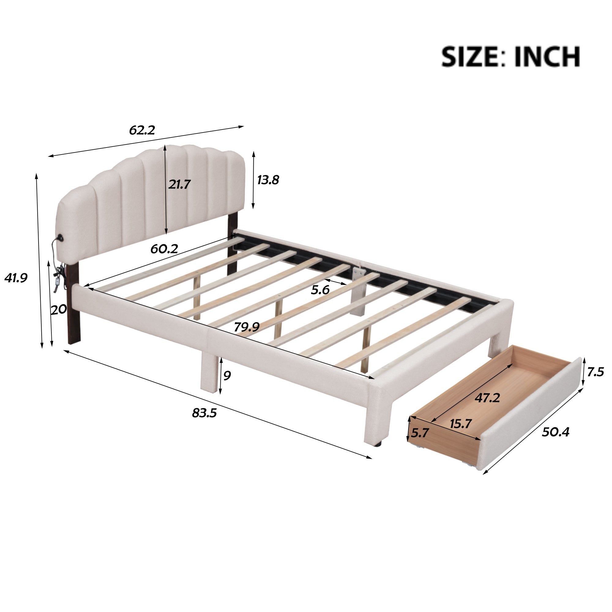 Teddy Fleece Queen Size Upholstered Platform Bed with Drawer, Beige - Atlantic Fine Furniture Melbourne FL