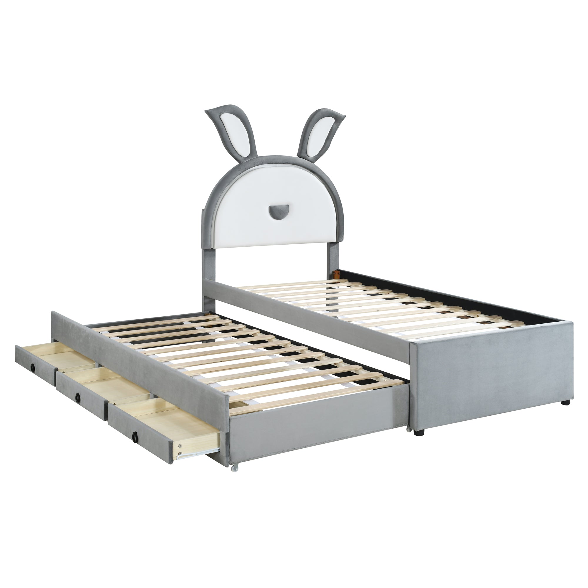 Twin Size Upholstered Platform Bed with Trundle and 3 Drawers, Rabbit-Shaped Headboard with Embedded LED Lights, Gray - Atlantic Fine Furniture Melbourne FL