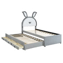 Twin Size Upholstered Platform Bed with Trundle and 3 Drawers, Rabbit-Shaped Headboard with Embedded LED Lights, Gray