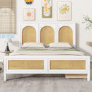 Full Size Wood Storage Platform Bed with 2 Drawers, Rattan Headboard and Footboard, White