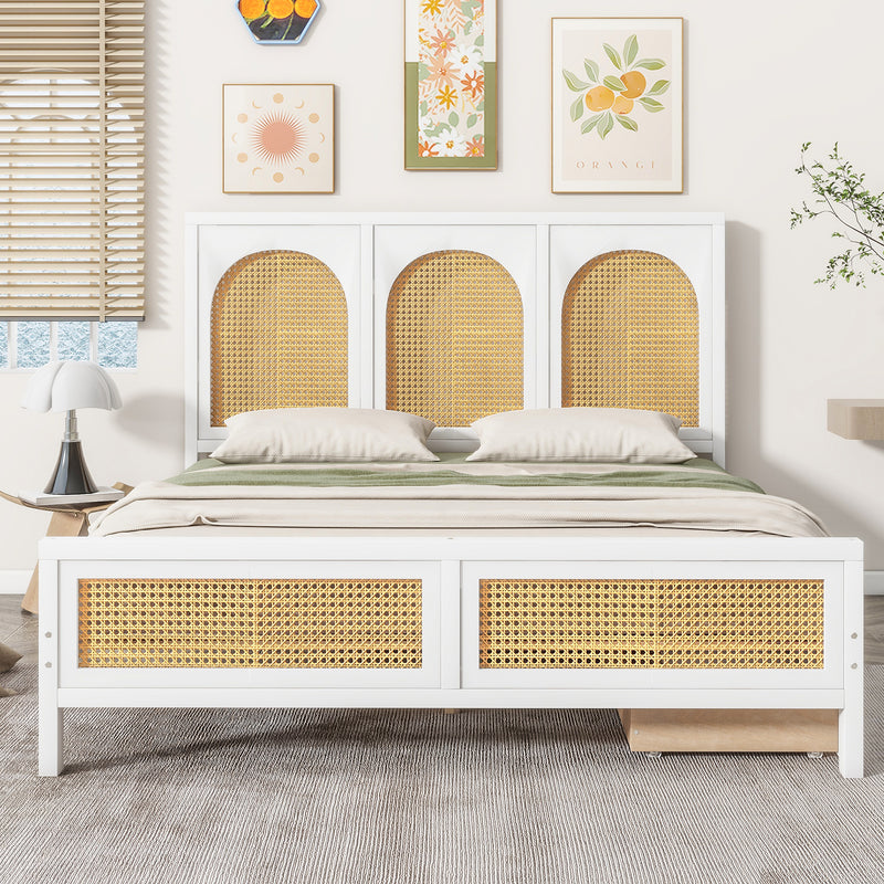 Full Size Wood Storage Platform Bed with 2 Drawers, Rattan Headboard and Footboard, White