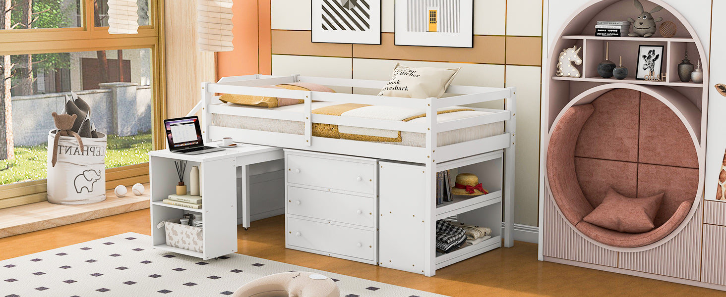 Twin Size Loft Bed with Retractable Writing Desk and 3 Drawers, Wooden Loft Bed with Storage Stairs and Shelves, White - Atlantic Fine Furniture Melbourne FL