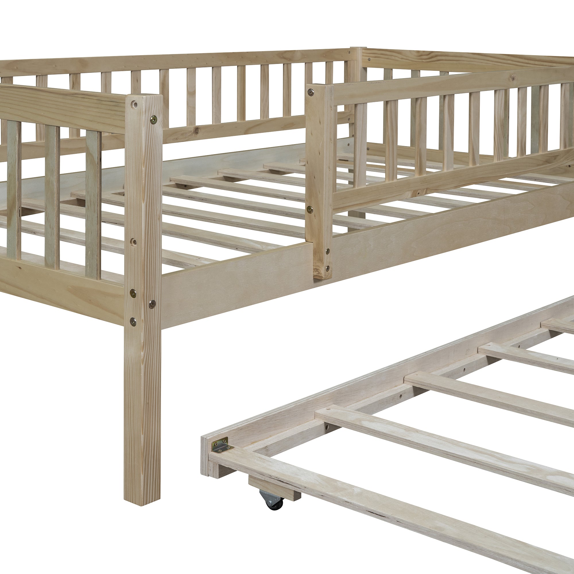 Twin Size Wood Daybed with Trundle and Fence Guardrails, Natural - Atlantic Fine Furniture Melbourne FL
