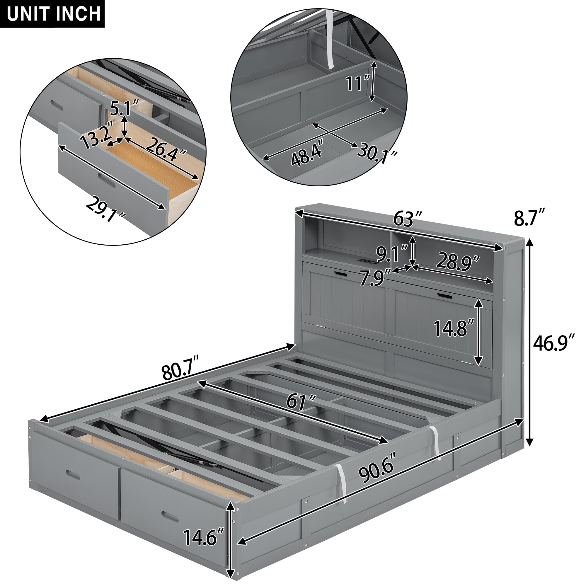 Wood Queen Size Hydraulic Platform Bed with Storage LED Headboard, Charging Station and 2 Drawers, Gray - Atlantic Fine Furniture Melbourne FL