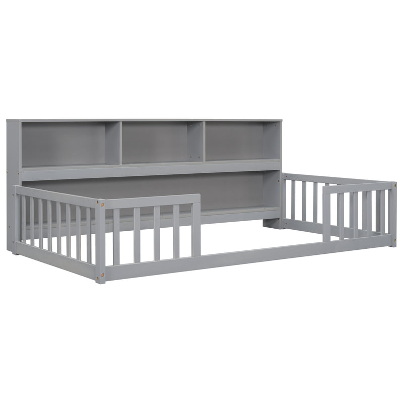 Twin Floor Bed with  Bedside Bookcase,Shelves,Guardrails,Grey