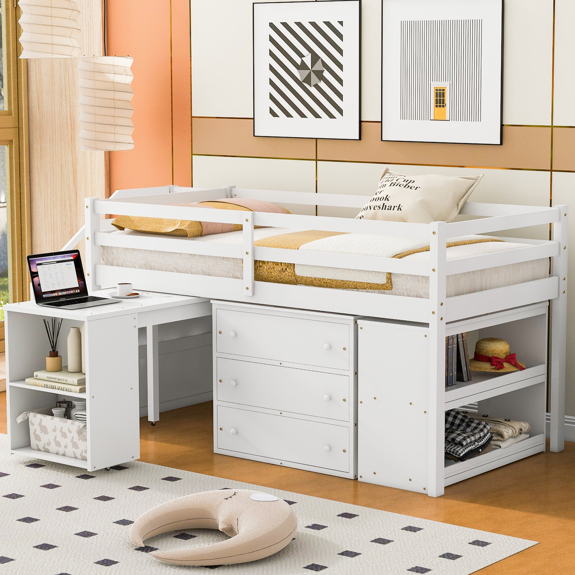 Twin Size Loft Bed with Retractable Writing Desk and 3 Drawers, Wooden Loft Bed with Storage Stairs and Shelves, White - Atlantic Fine Furniture Melbourne FL