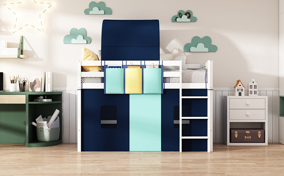 Twin Size Loft Bed with Tent and Tower  and  Three Pockets- Blue - Atlantic Fine Furniture Melbourne FL