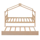 Twin Size Wooden House Bed with Twin Size Trundle, Natural