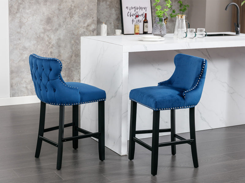 Contemporary Velvet Upholstered Wing-Back Barstools With Button Tufted Decoration And Wooden Legs, And Chrome Nailhead Trim, Leisure Style Bar Chairs, Bar Stools (Set of 4)