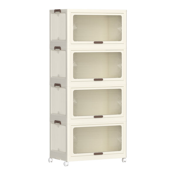 4 Tier Plastic Storage Bins With Lids, 230Qt Capacity, Stackable And Collapsible With Wheels - Cream White