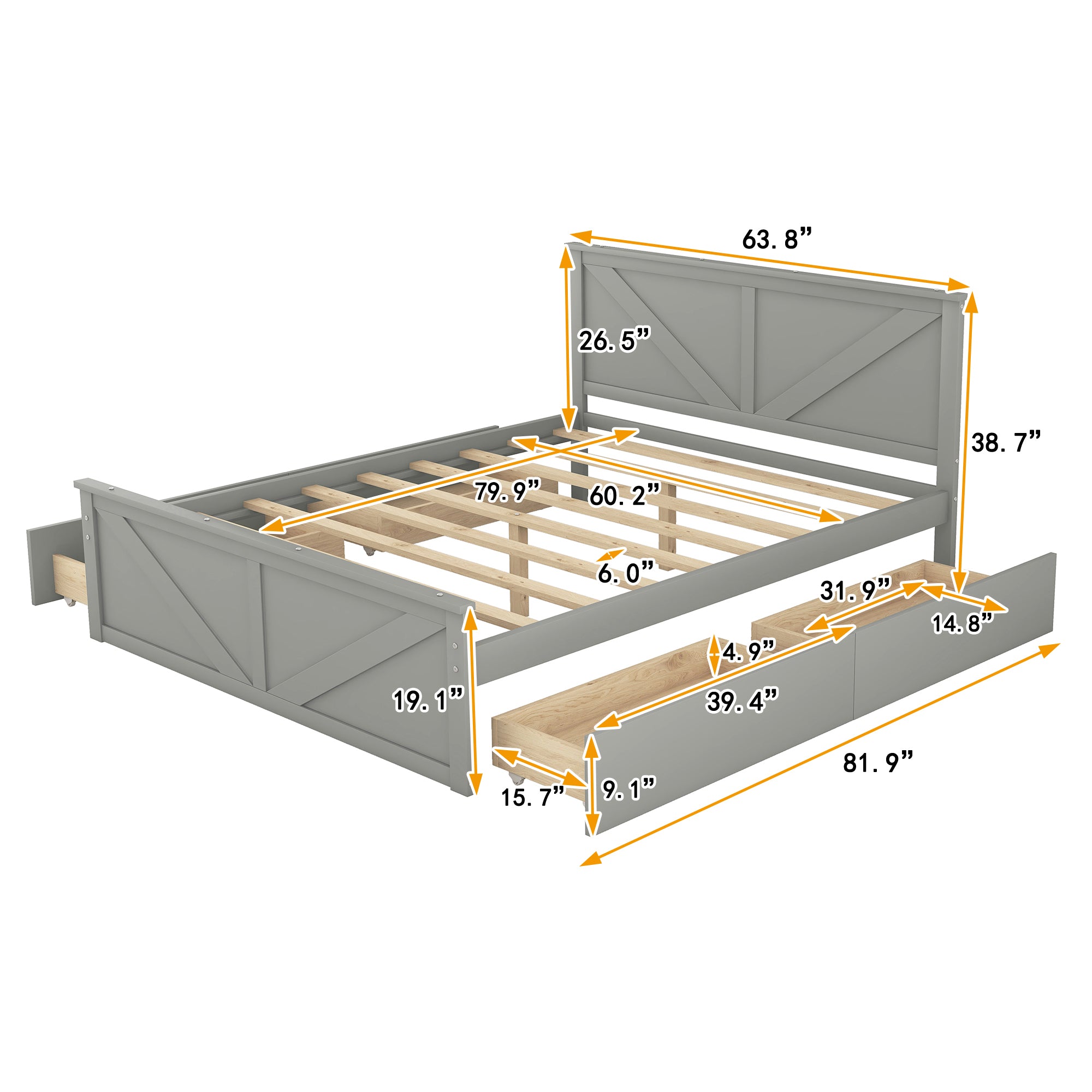 Queen Size Wooden Platform Bed with Four Storage Drawers and Support Legs, Gray - Atlantic Fine Furniture Melbourne FL