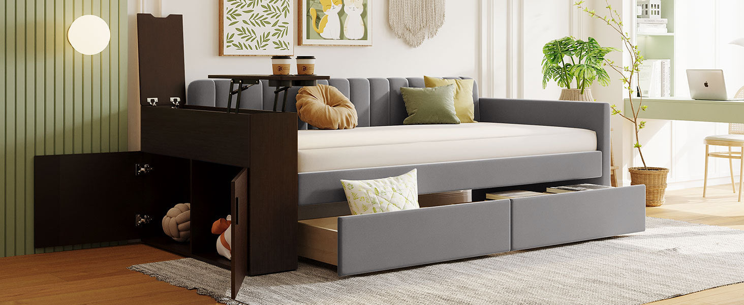 Twin Size Upholstered Daybed with Storage Armrest and 2 Drawers, Multi-functional Daybed with Cup Holder and a set of USB Ports and Sockets, Gray - Atlantic Fine Furniture Melbourne FL