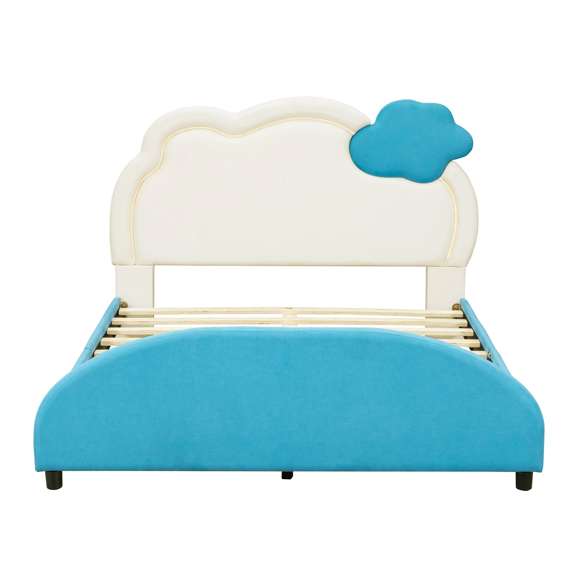 Full Size Upholstered Platform Bed with Cloud-Shaped Headboard and Embedded Light Stripe, Velvet, Blue - Atlantic Fine Furniture Melbourne FL