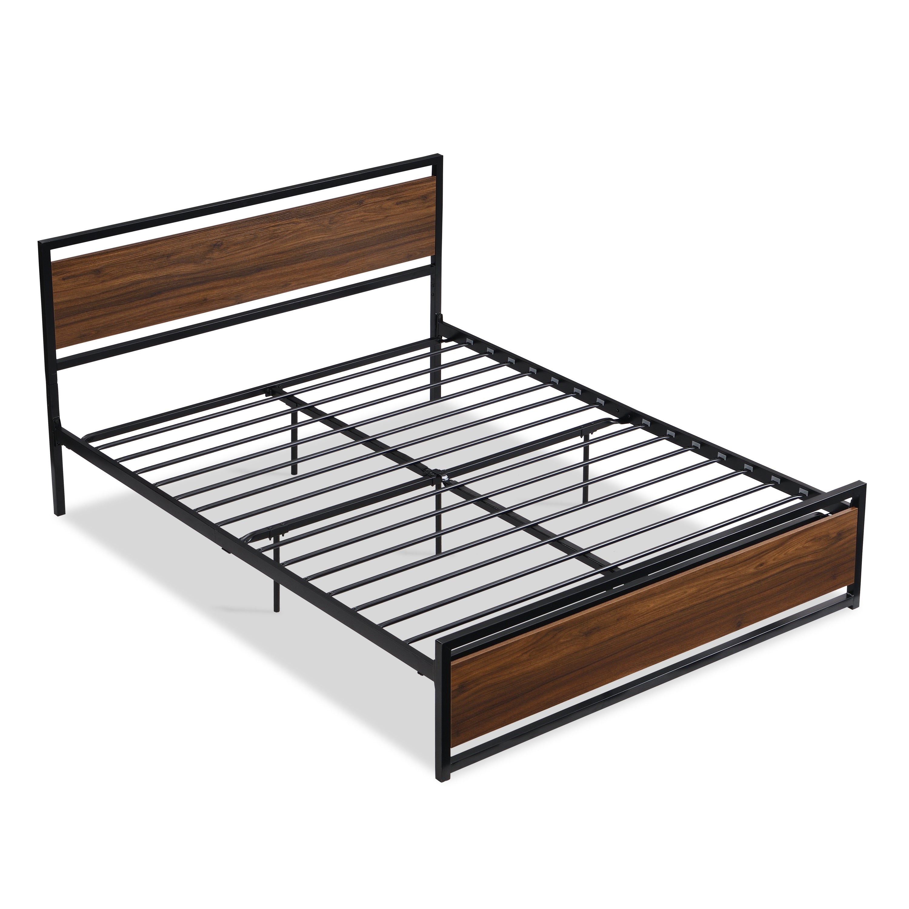 Industrial Platform Queen Bed Frame/Mattress Foundation with Rustic Headboard and Footboard, Strong Steel Slat Support, No Box Spring Needed, Noise Free, Easy Assembly