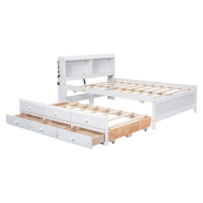 Bed With USB & Type-C Ports, LED Light, Bookcase Headboard, Trundle And 3 Storage Drawers, Bed With Bookcase Headboard, Trundle And Storage Drawers