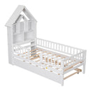 Twin Size House-Shaped Headboard with Fence Guardrails and Trundle,White