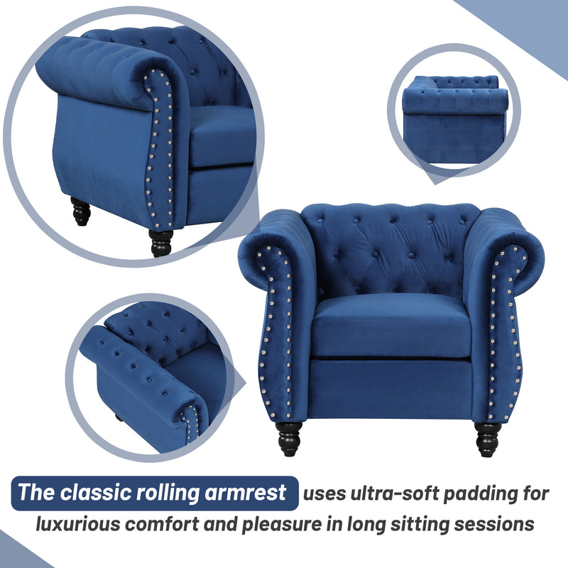 Modern Three Piece Sofa Set With Solid Wood Legs, Buttoned Tufted Backrest - Frosted Velvet Upholstered Sofa Set Including Three Seater Sofa, Double Seater And Living Room Furniture Set Single Chair