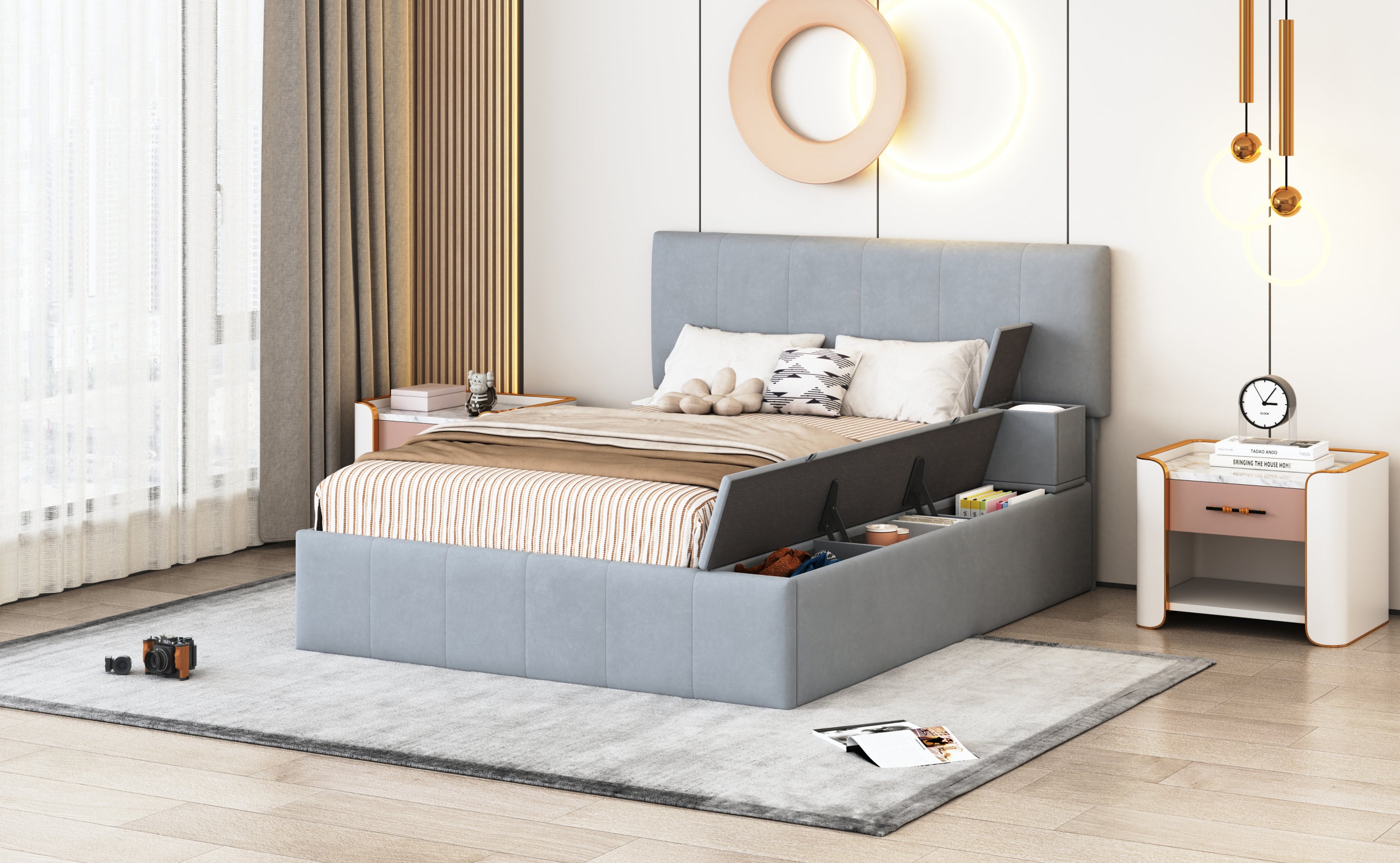 Full Size Upholstered Platform Bed with Lateral Storage Compartments and Thick Fabric, Velvet, Gray