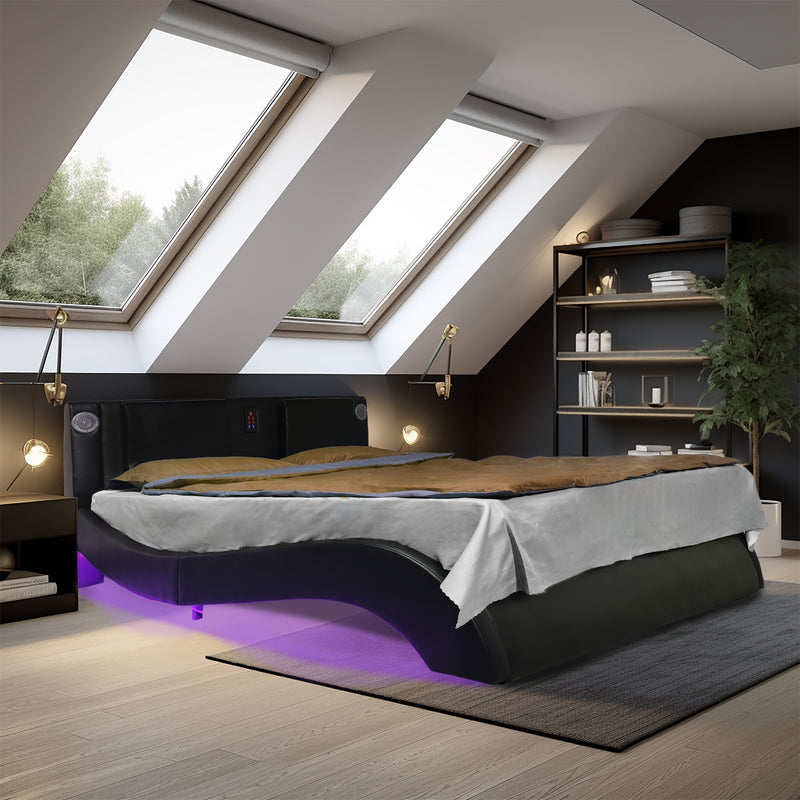 Faux Leather Upholstered Platform Bed Frame with led lighting, Bluetooth connection to play music control, Backrest vibration massage, Curve Design, Wood Slat Support, Exhibited Speakers,Queen