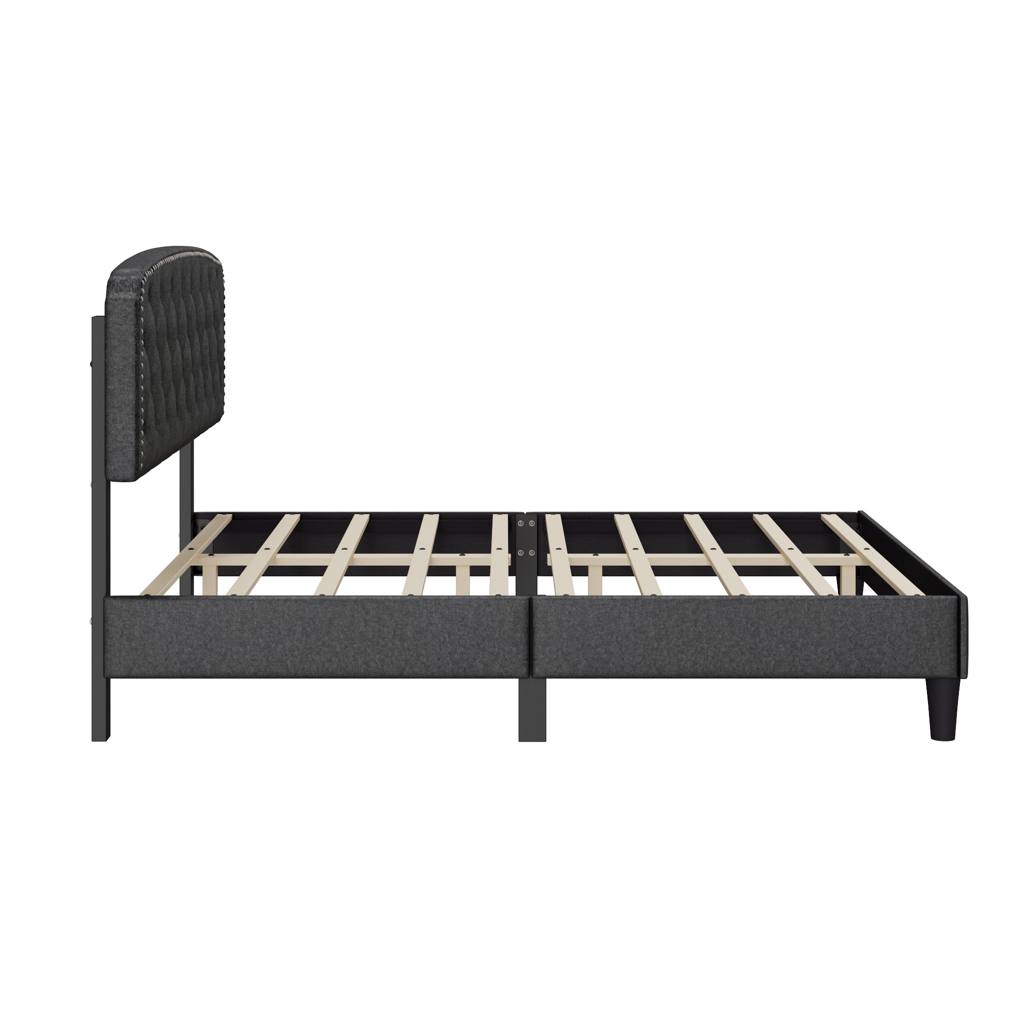 Queen size Adjustable Headboard with Fine Linen Upholstery and Button Tufting for Bedroom,  Wave Top  Dark Grey