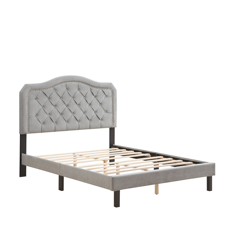 Queen Platform Upholstered Bed Button Tufted With Curve Design, Strong Wood Slat Support - Gray