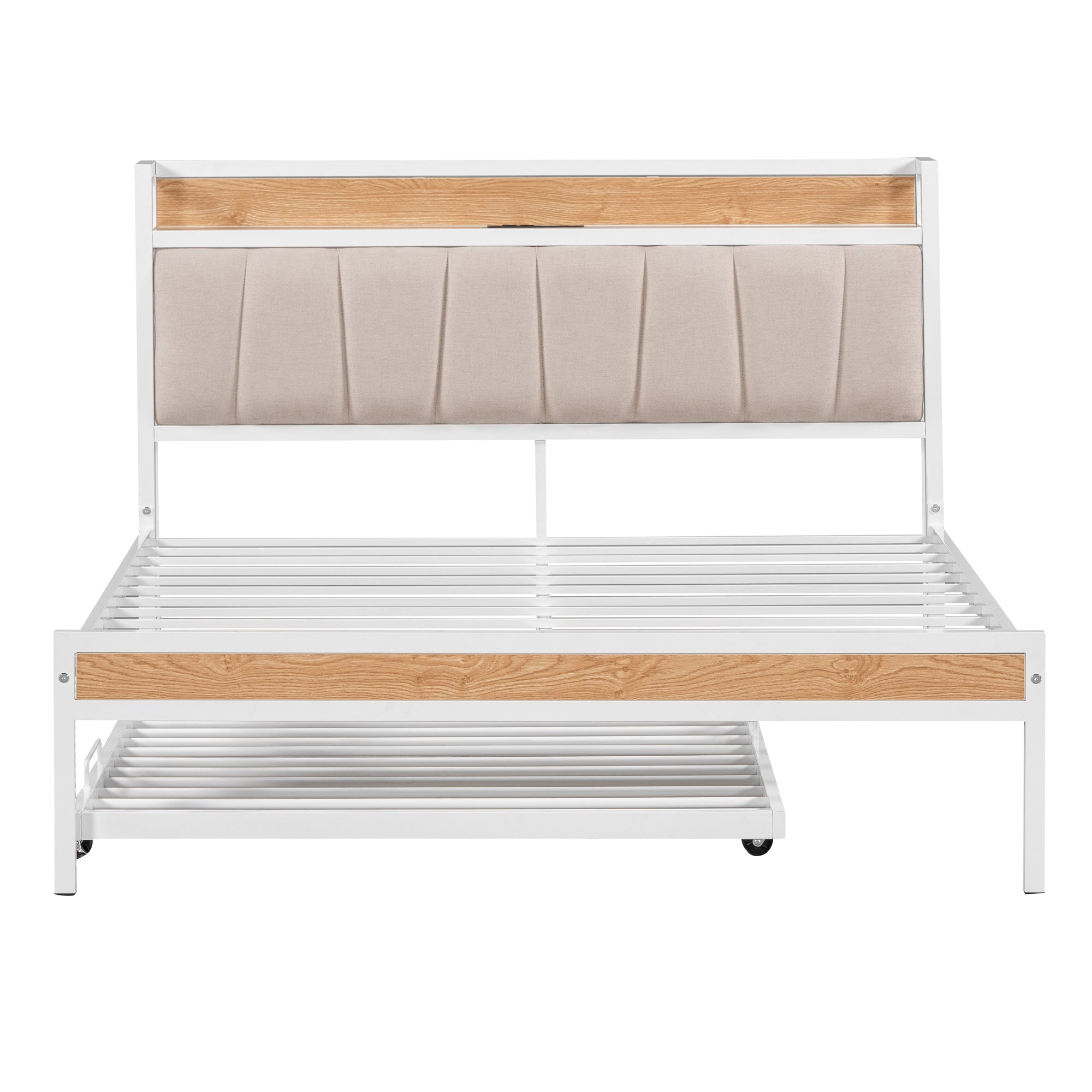Full Size Metal Platform Bed Frame with Twin size trundle, Upholstered headboard, Sockets, USB Ports and Slat Support, No Box Spring Needed, White - Atlantic Fine Furniture Melbourne FL