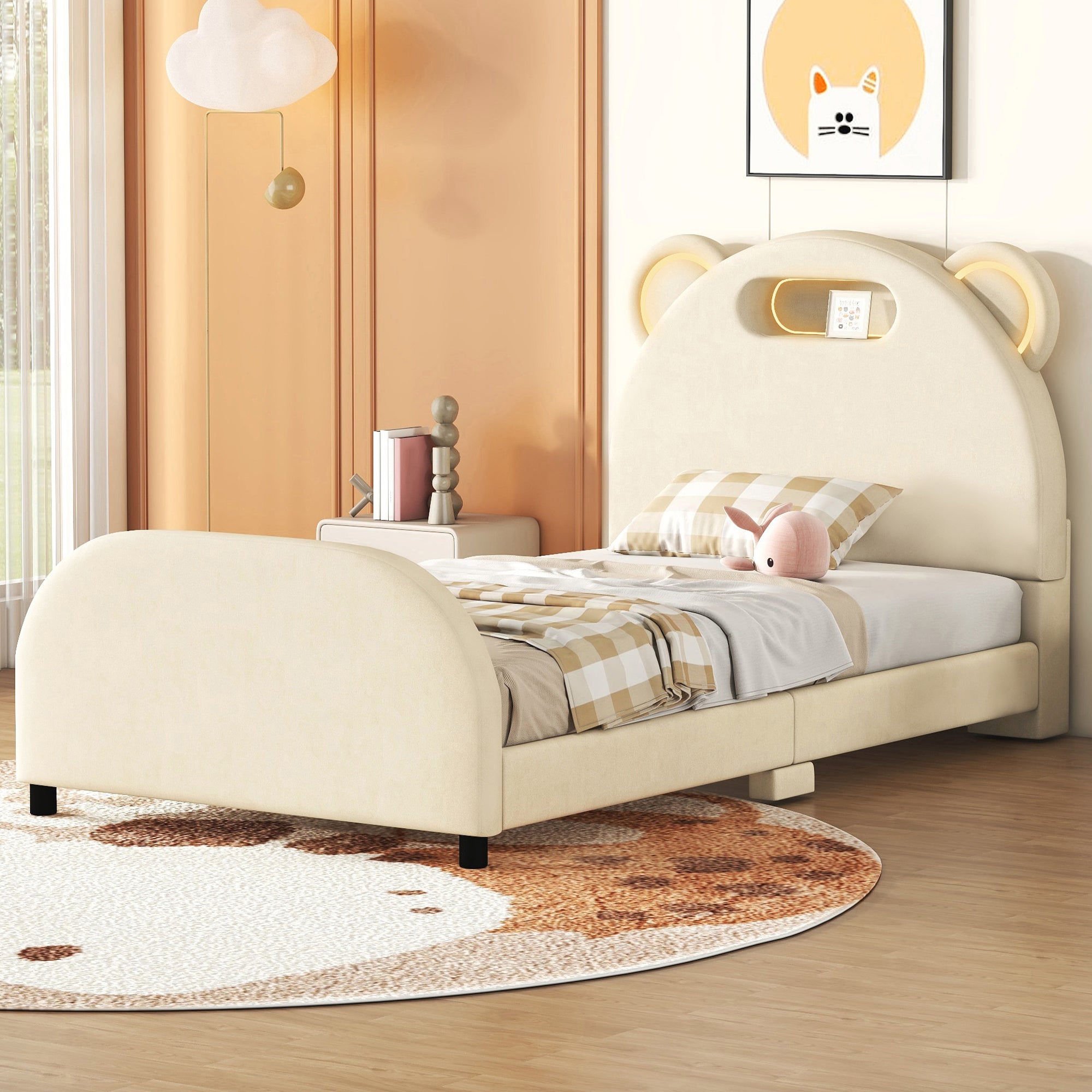 Twin Size Upholstered Platform Bed with Bear-Shaped Headboard and Embedded Light Stripe, Velvet, Beige - Atlantic Fine Furniture Melbourne FL
