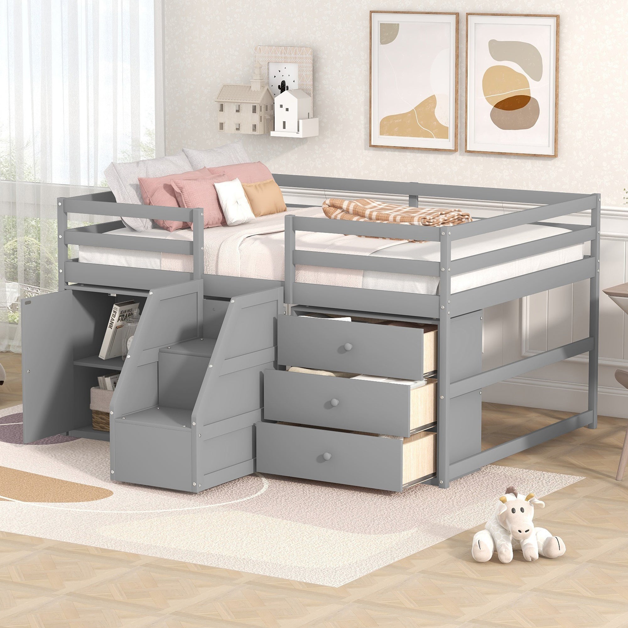 Full Size Functional Loft Bed with Cabinets and Drawers, Hanging Clothes at the back of the Staircase, Gray - Atlantic Fine Furniture Melbourne FL