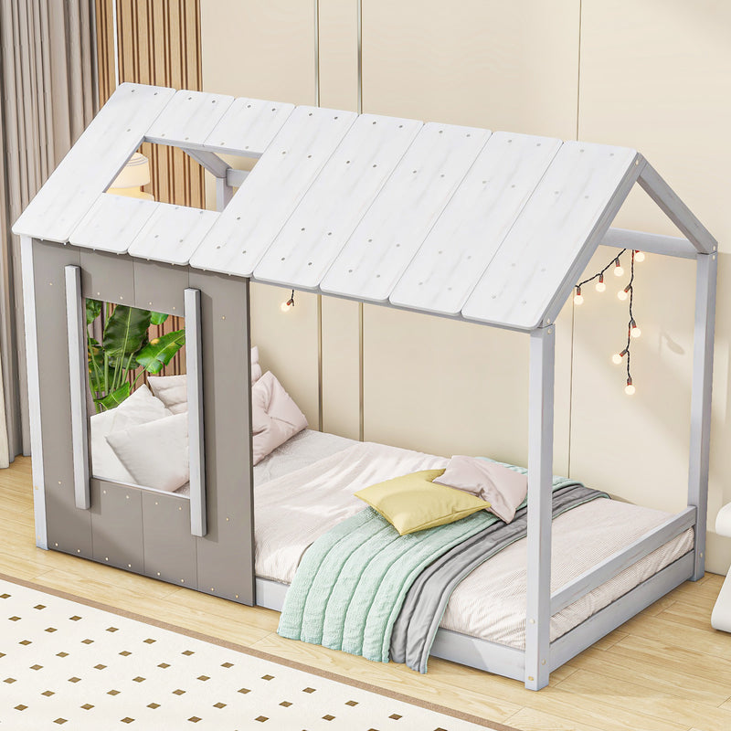 Twin Size House Platform with Roof and Window, White+Antique Grey(Old SKU: WF294130AAE)