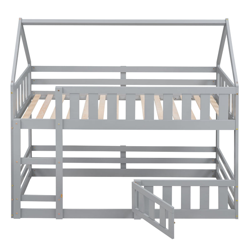 Twin Over Twin House Bunk Bed With Fence And Door - Gray