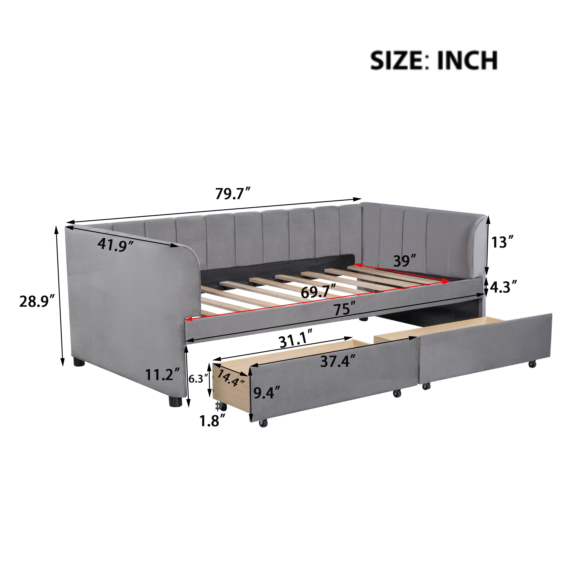 Twin Size Upholstered Daybed with Ergonomic Design Backrest and 2 Drawers, Gray - Atlantic Fine Furniture Melbourne FL