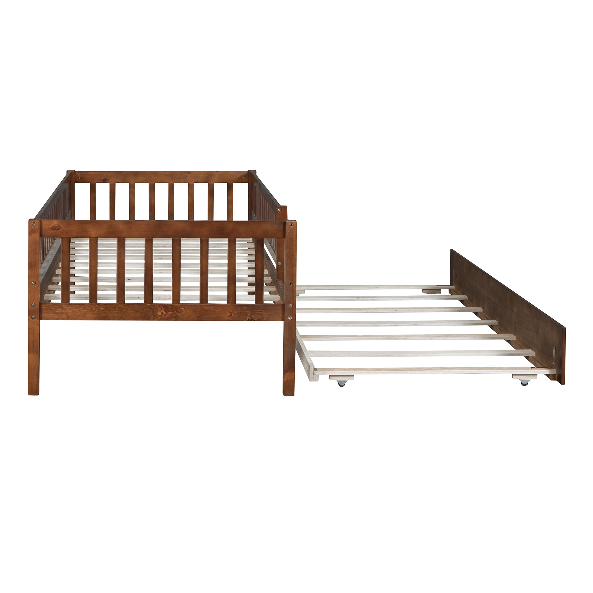 Twin Size Wood Daybed with Trundle and Fence Guardrails, Walnut - Atlantic Fine Furniture Melbourne FL