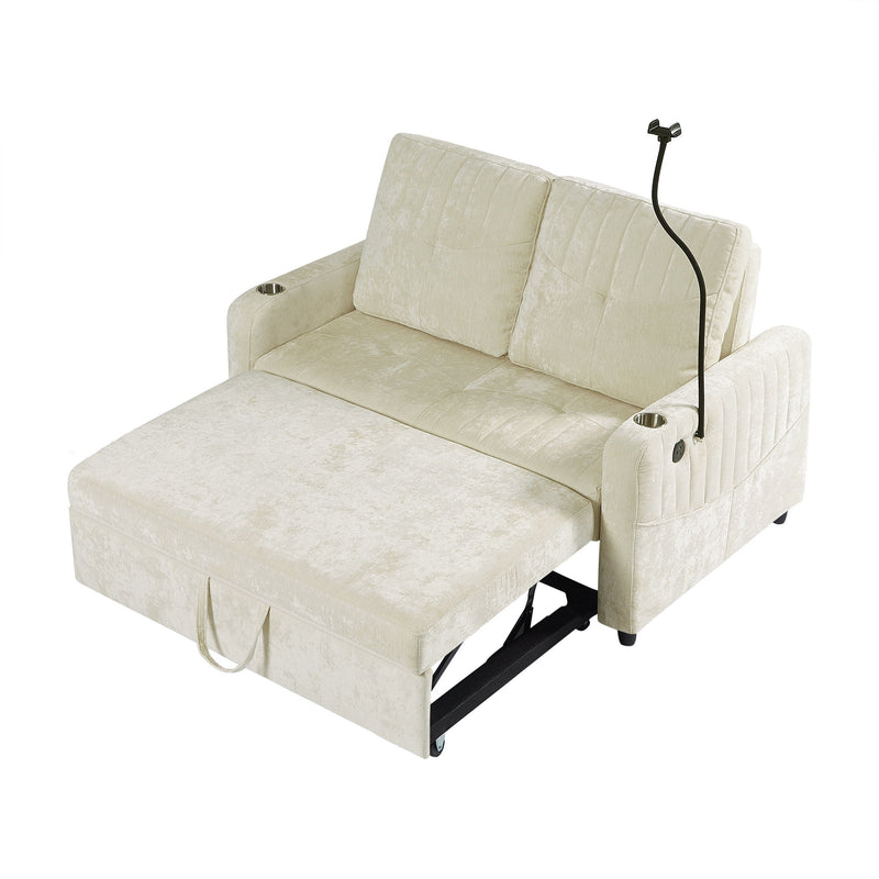 Modern Loveseat Pull Out Sofa Bed With Adjustable Backrest, Two Cup Holders, A Phone Holder, Three Charging Ports And Side Storage Pockets For Living Room