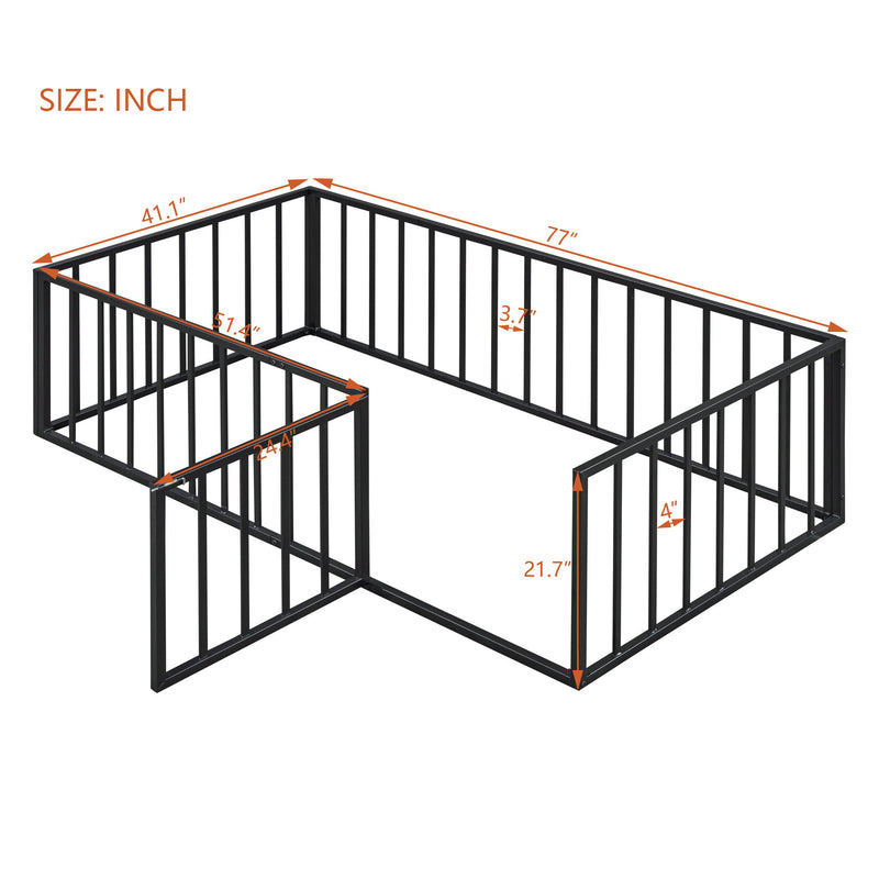 Metal Floor Bed Frame With Fence And Door - Black